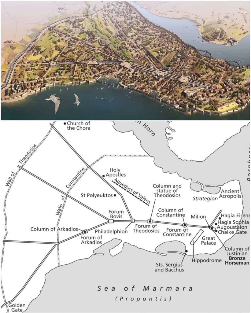 Aerial reconstruction of Constantinople displayed above a map of the ancient city