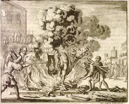 Historical illustration of people gathered around the ancient Brazen Bull