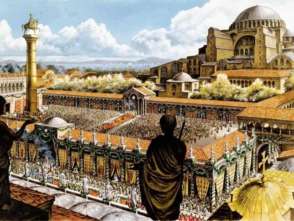 Artistic reconstruction of the Augustaion with Hagia Sophia and Justinian’s column