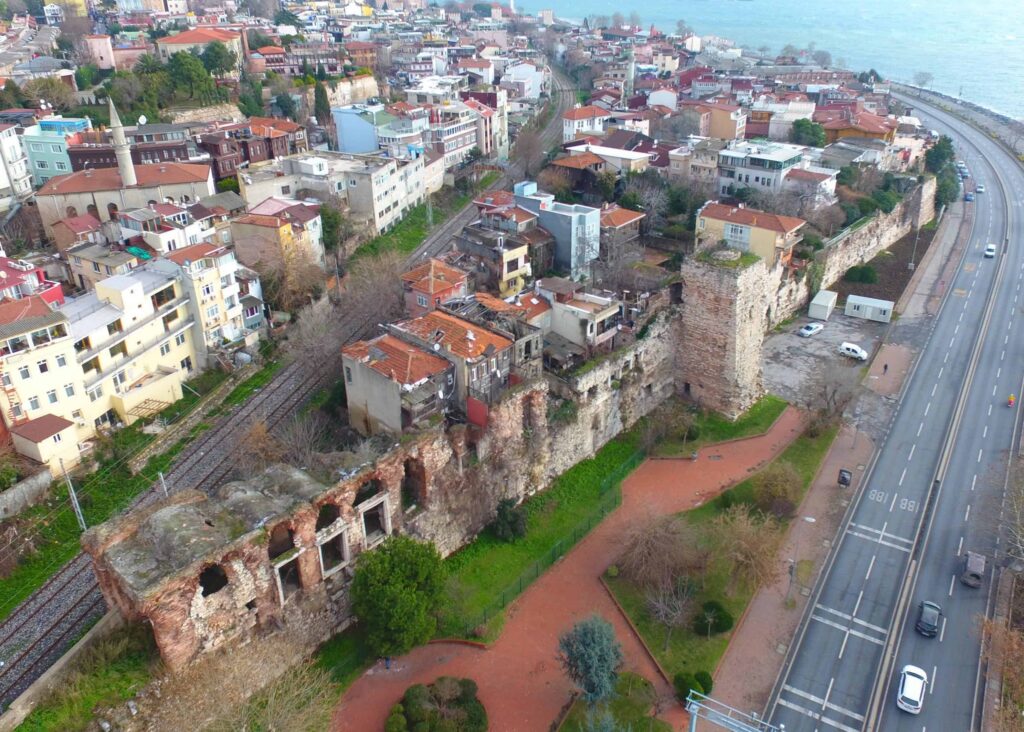 Aerial view of Byzantine Boukoleon Palace ruins surrounded by modern Istanbul
