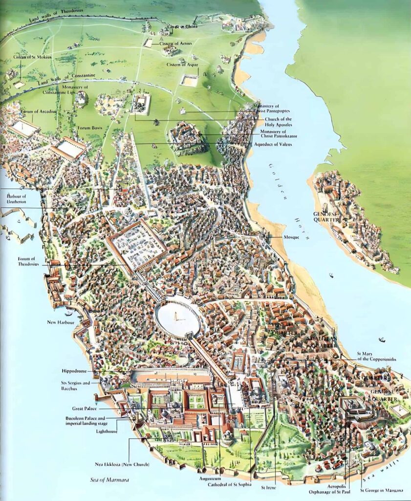 Illustrated map showing the major forums and monuments of Byzantine Constantinople