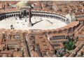 Aerial reconstruction of the circular Forum of Constantine in Byzantine Constantinople Description: A reconstruction of the Forum of Constantine with its central monumental column.