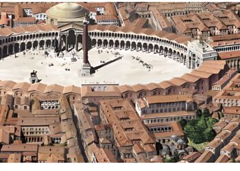 Aerial reconstruction of the circular Forum of Constantine in Byzantine Constantinople Description: A reconstruction of the Forum of Constantine with its central monumental column.