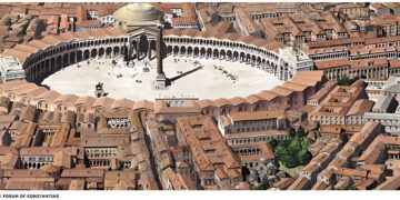 Aerial reconstruction of the circular Forum of Constantine in Byzantine Constantinople Description: A reconstruction of the Forum of Constantine with its central monumental column.