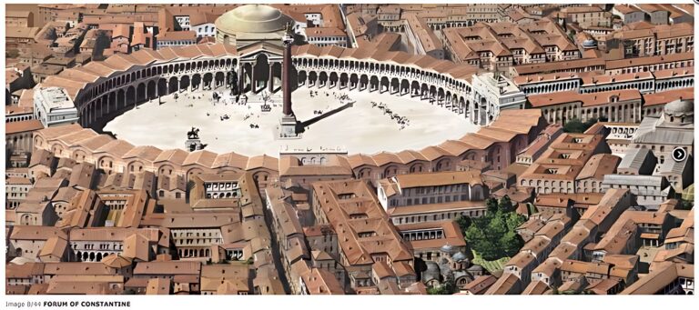 Aerial reconstruction of the circular Forum of Constantine in Byzantine Constantinople Description: A reconstruction of the Forum of Constantine with its central monumental column.