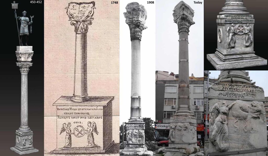 Historical drawing and modern photograph comparing the Column of Marcian