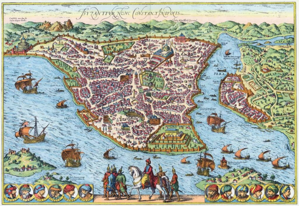 Historic map of Constantinople showing the Byzantine city and its surrounding waterways