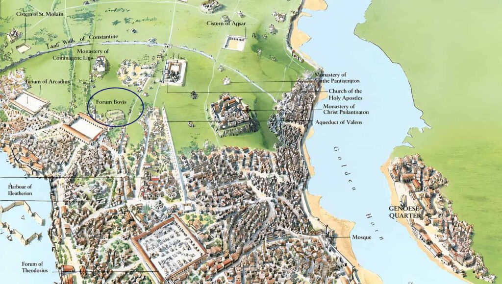 Illustrated map marking the approximate location of the Forum of the Ox