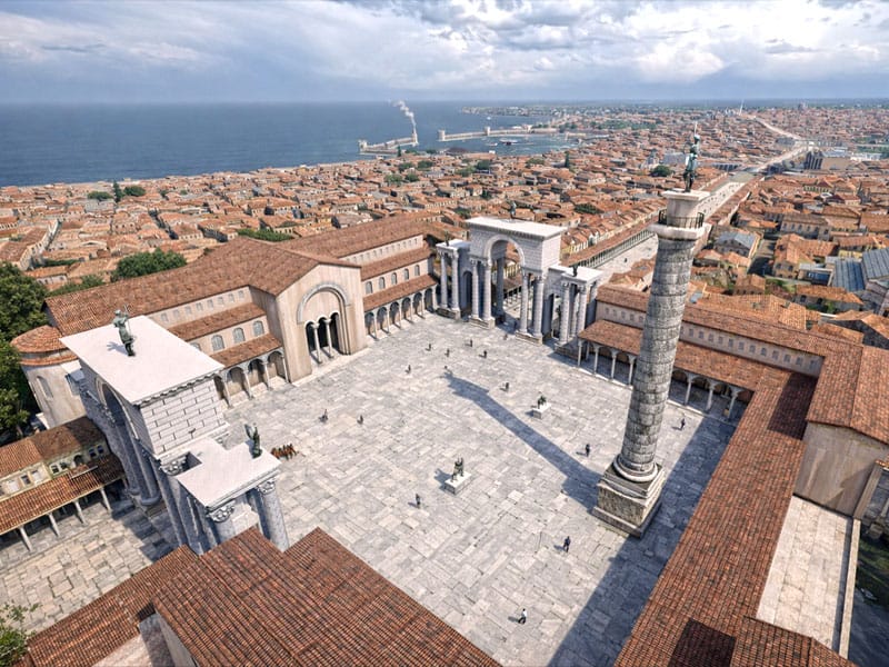 Digital reconstruction of the Forum of Theodosius with its monumental column and porticoes