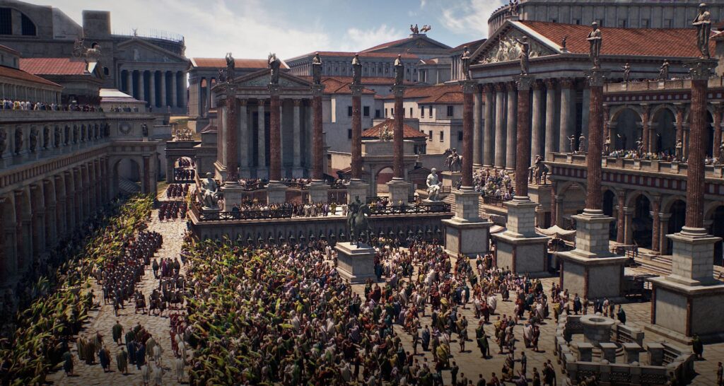 Artistic reconstruction of a Roman forum surrounded by temples, porticoes and public buildings