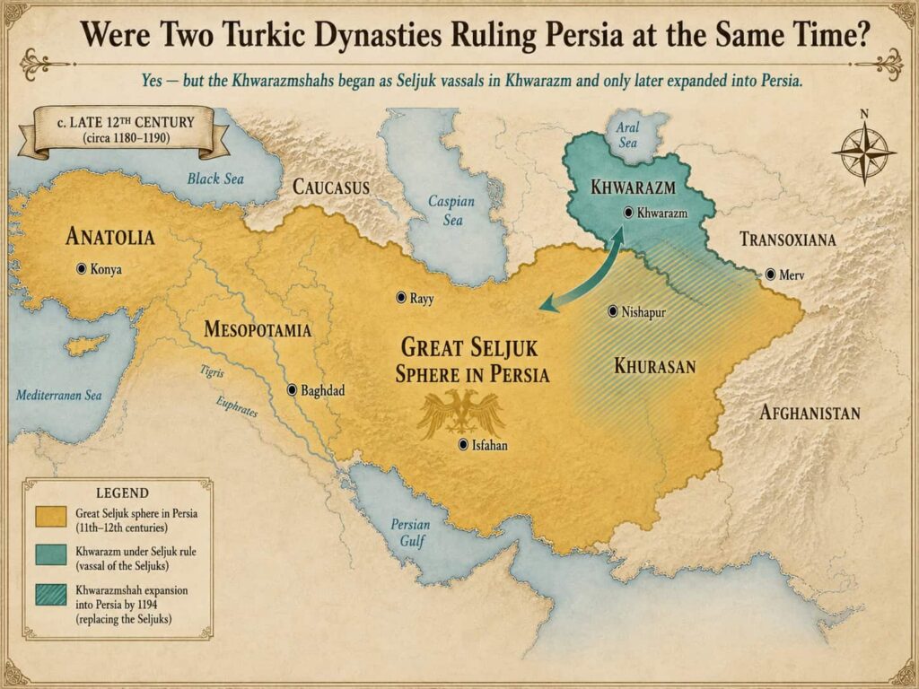 Map showing Great Seljuk rule in Persia and the rise of the Khwarazmshahs in the late 12th century.